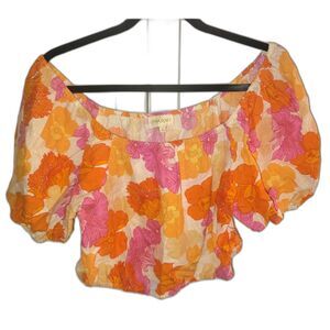 Cynthia Rowley Linen Floral Crop Top Size Small Off The Shoulder Puff Sleeve